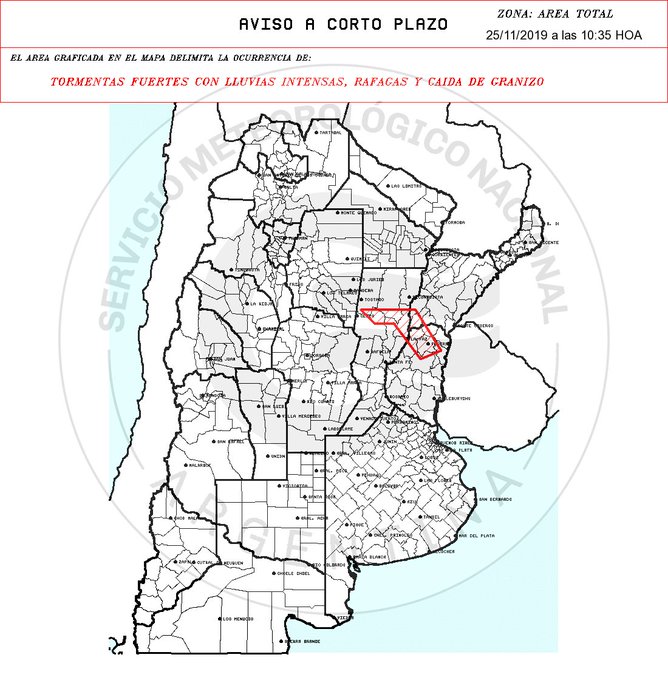 Aviso a muy Corto Plazo 2019-11-25 10:35:00 Validez : tres horas desde su emisión TORMENTAS FUERTES CON LLUVIAS INTENSAS, RAFAGAS Y CAIDA DE GRANIZO 