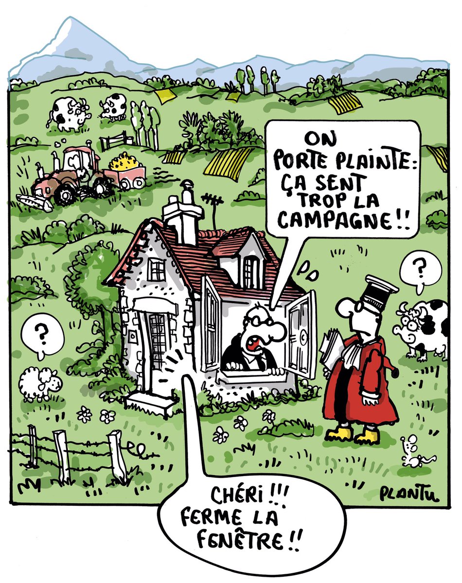 LES ODEURS DE LA CAMPAGNE: Un agriculteur du Cantal a été condamné à payer 8000€, en raison d'un «trouble anormal du voisinage» causé par les odeurs de son élevage bovin. 
(dessin publié dans L’Express).