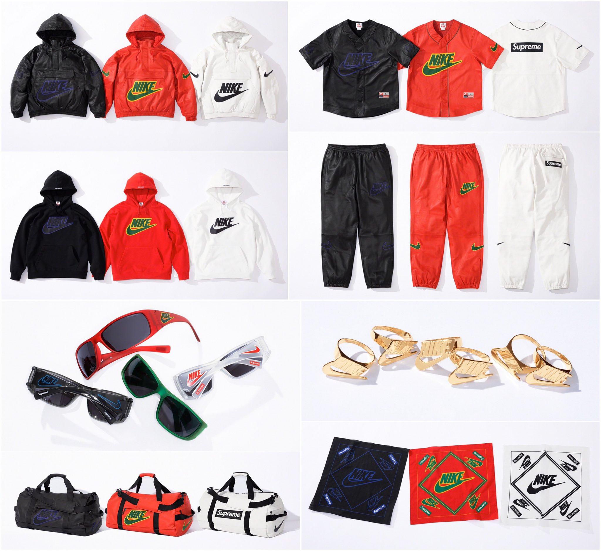 DropsByJay on X: Supreme/Nike dropping this FRIDAY November 29th at 11am  eastern. This collab consist of a Leather Anorak, Leather Baseball Jersey,  Leather Warm Up Pant, Hooded Sweatshirt, Leather Duffle Bag, 14K