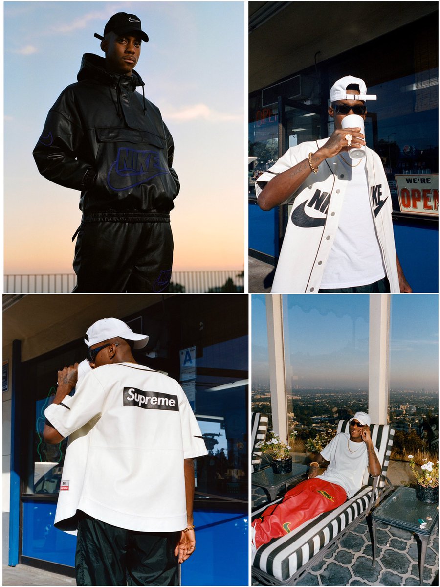 DropsByJay on X: Supreme/Nike dropping this FRIDAY November 29th at 11am  eastern. This collab consist of a Leather Anorak, Leather Baseball Jersey,  Leather Warm Up Pant, Hooded Sweatshirt, Leather Duffle Bag, 14K