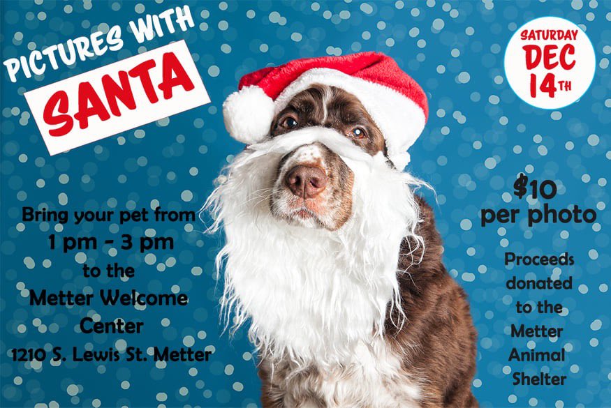 MetterAnimalS's tweet photo. Bring your pet(s) on Saturday, December 14th between 1pm - 3pm to the #MetterWelcomeCenter for #PhotoswithSanta.  Photos are $10 each and all proceeds go to assist the shelter with supplies.  #MetterAnimalShelter #AdoptDontShop #HappyHolipaws https://t.co/g9SP6pn2r1