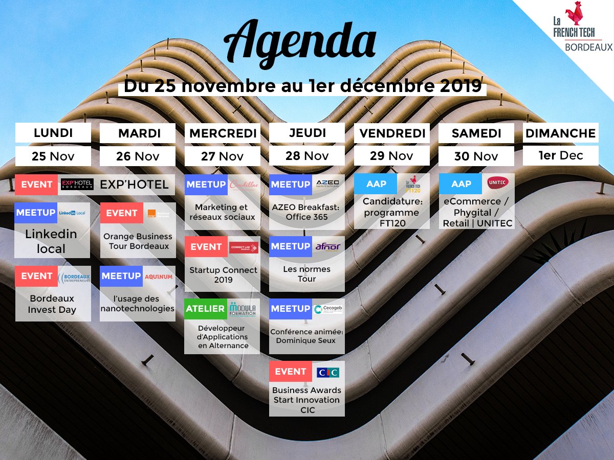 🗓️ Vos évènements de cette semaine avec <a href="/ExphotelBdx/">EXPHÔTEL Food & Hospitality</a> <a href="/Bdx_E/">Bordeaux Entrepreneurs</a> <a href="/orangebusiness/">Orange Business</a> <a href="/Orange_France/">Orange France</a> <a href="/aquinum/">Tien Vu</a> <a href="/CondillacExpert/">Condillac Expertise</a> <a href="/connectlab_bdx/">Connect Lab</a> <a href="/ModulaFormatio1/">Modula Formation</a> @azeoTandT <a href="/AFNOR/">AFNOR</a> <a href="/cic/">CIC</a> <a href="/LaFrenchTech/">La French Tech</a> <a href="/UNITEC_Bdx/">UNITEC</a> ...

🔎 Détails et inscriptions ➡️ bit.ly/AgendaFTBdx