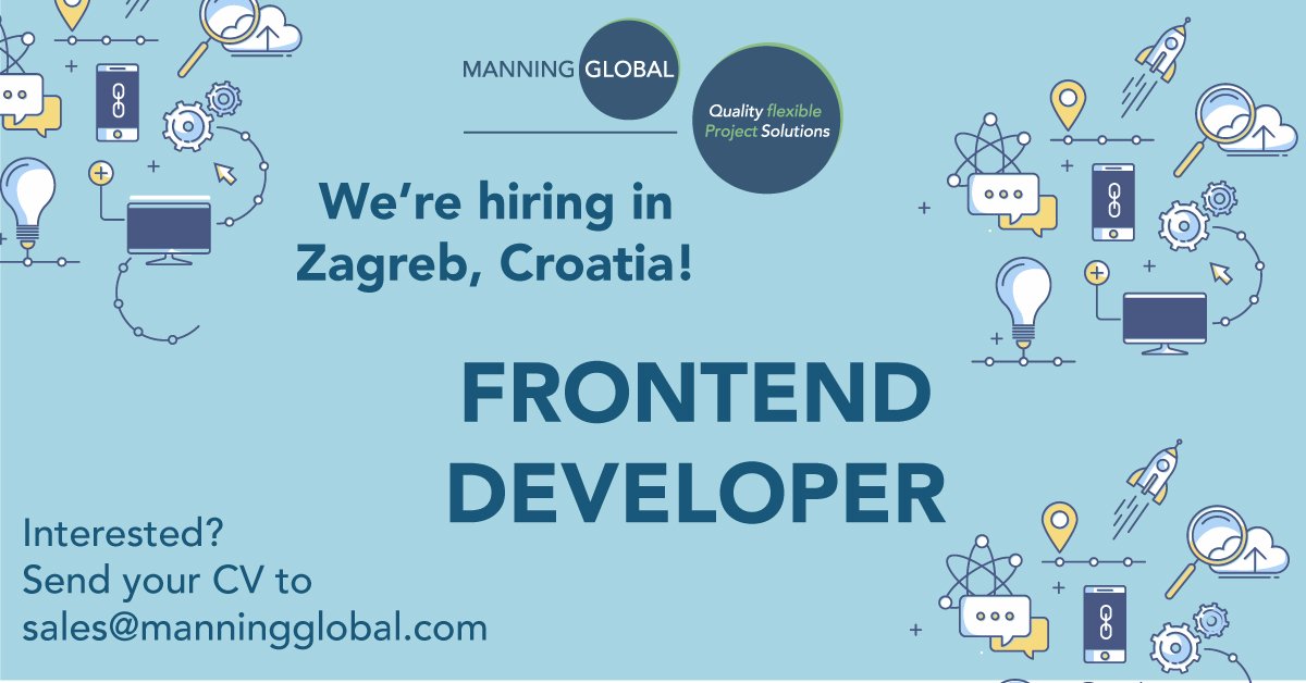 ManningGlobal's tweet photo. New job in #Zagreb, #Croatia! 🇭🇷 Our client, an innovative web &amp; mobile solutions provider, is looking for a #FRONTEND #DEVELOPER! Send your CV to sales@manningglobal.com

#Mobile #UX #UI #Apps #AI #ML #Coding #HTML #CSS #JavaScript #Typescript #React #RESTful #WebDevStack #Git https://t.co/muyPHmRvFu
