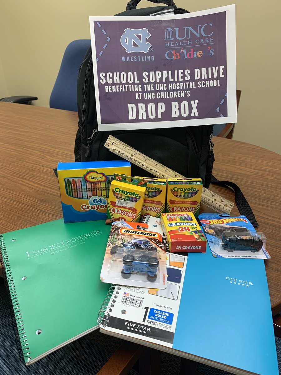 UNCWrestling's tweet photo. THANK YOU! 📚✏️📘📓

Because of Carolina Wrestling fans, we collected 4️⃣ bins of school supplies to take to UNC Children’s Hospital this week to support their UNC Hospital School. 

We can’t thank you enough, Tar Heel fans! https://t.co/SjhTH9w4Kl