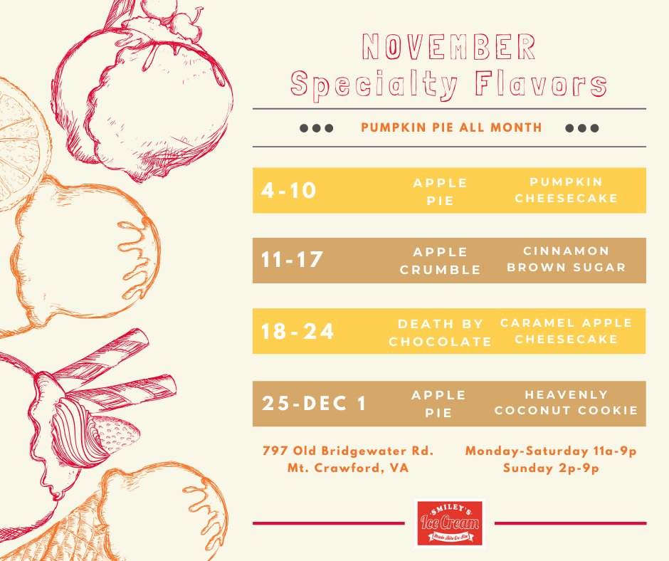 Hello November! The Fall weather is definitely here, and we've got specialty flavors Apple Pie, Heavenly Coconut Cookie and Pumpkin Pie this week 😊