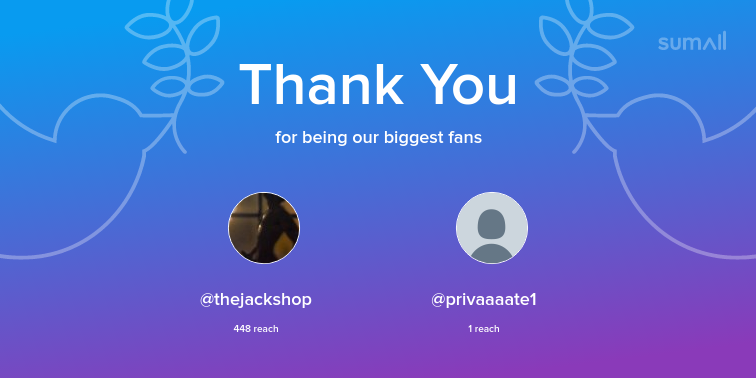 Our biggest fans this week: thejackshop, privaaaate1. Thank you! via https://t.co/uVkIgYdaax https://t