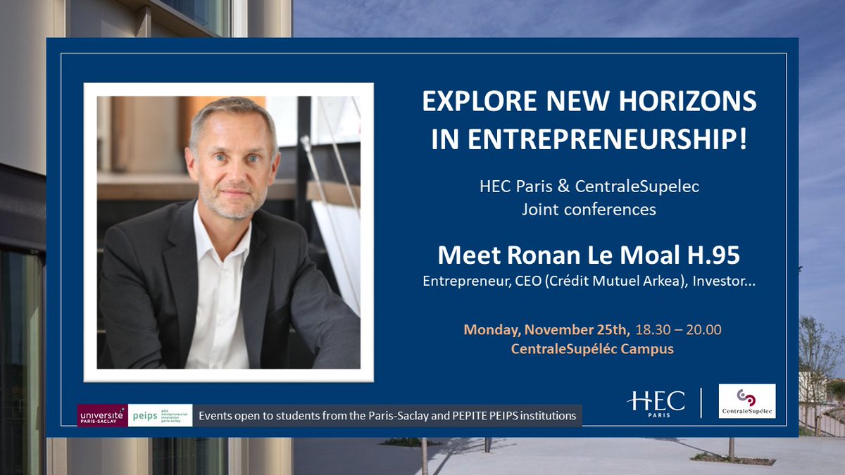 HECParisEnt's tweet image. ⚡️Rencontrez ce soir Ronan Le Moal 
@ronanLM @HECAlumni , Directeur Général du Crédit Mutuel @cmarkea , sur le campus @centralesupelec
 👉En savoir plus eventbrite.co.uk/e/explore-new-…
#Fintech #Entrepreneur #SuccessStory