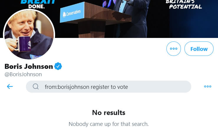 DrRosena's tweet photo. Boris Johnson has NEVER tweeted about registering to vote, because he doesn't want a another #youthquake.

Don't be silenced, make sure your voice is heard:
1. Register here: https://t.co/LLkmDCc5wD
2. Retweet and spread the word.

#RegisterToVote https://t.co/Xv7Qf2Fo3S