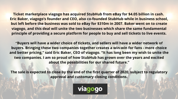viagogo_corp's tweet photo. Weโre buying @StubHub from @eBay in a deal that will create a truly global ticket network & give buyers access to the widest selection of ticket inventory in the world. https://t.co/o5qLkfgLH0 https://t.co/hBHVlL0cyl