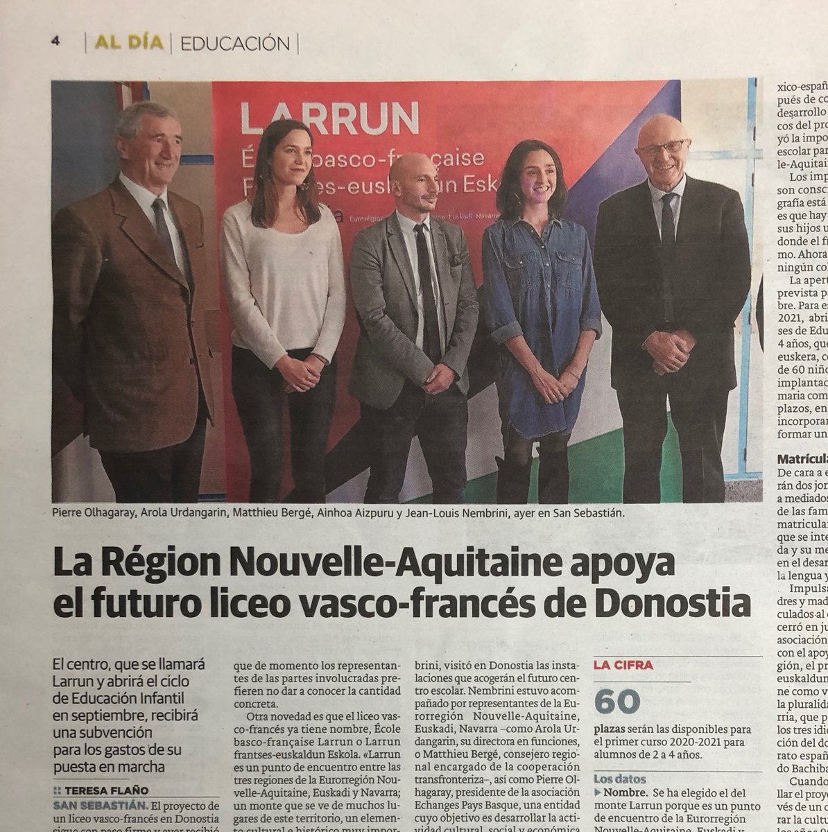 ecolelarrun's tweet photo. Es oficial: el liceo vasco-francés de Donostia abrirá en septiembre 2020!! @diariovasco @NvelleAquitaine #Donostia #liceovascofrancés https://t.co/hWNYyQDopu