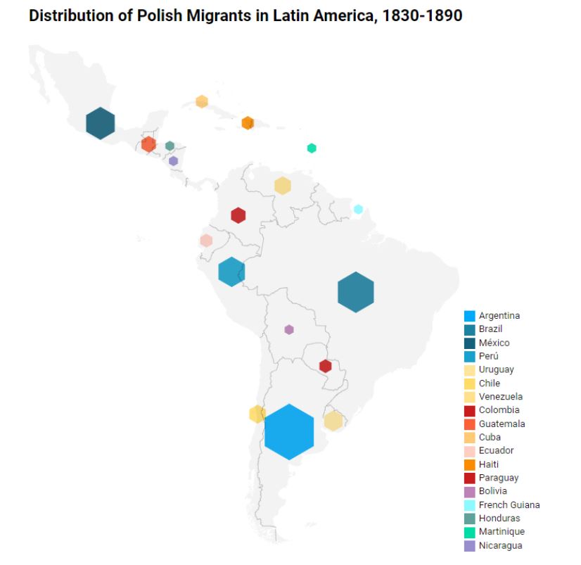 Aleks_Kaye's tweet photo. Hi @LASACONGRESS, this is a map that I made to visualise the destinations to which Polish professionals migrated to in the nineteenth century. I am researching the exchanges of knowledge that took place between Latin America and the partitioned Polish territories. #LASMaps 😊 https://t.co/FwRZVfoWyu