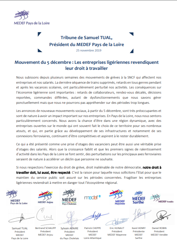 🔴[Tribune] <a href="/MedefPDL/">Mouvement des Entreprises de France #Paysdelaloire</a> " Mouvement du 5 décembre : Les entreprises ligériennes revendiquent
leur droit à travailler " Une tribune signée <a href="/MEDEF44/">Medef Loire-Atlantique</a> <a href="/MEDEFVENDEE/">Mouvement des Entreprises de France #Vendée</a> <a href="/MedefSarthe/">MEDEF Sarthe</a> <a href="/Medef53/">MEDEF Mayenne</a> <a href="/MEDEFAnjou/">Mouvement des Entreprises de France #Anjou</a> <a href="/medefcholetais/">MEDEF du Pays Choletais</a> medef-paysdelaloire.fr/uploads/media/…
