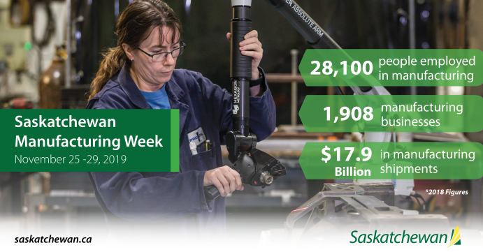 SKGov's tweet photo. Manufacturing Week - celebrating the innovative, world-class manufacturers that call #Saskatchewan home. Over 1900 businesses, 28,000 workers, and $17.9 billion in shipments in 2018! 

#skmfgweek #SKManufacturing #thinksask https://t.co/lATV7FzrCV