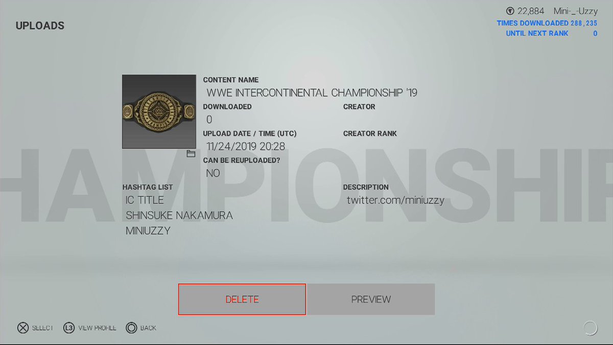 uzxy1_'s tweet photo. WWE Intercontinental Championship 2019 is Now Available To Download on The #WWE2K19 PS4 CC. Use Hashtags - #ICTitle - #ShinsukeNakamura - #MiniUzzy -
@SmackNetwork
@Delzinski
@1o1GAMING
@WWEgames https://t.co/bI1lqW5MzU