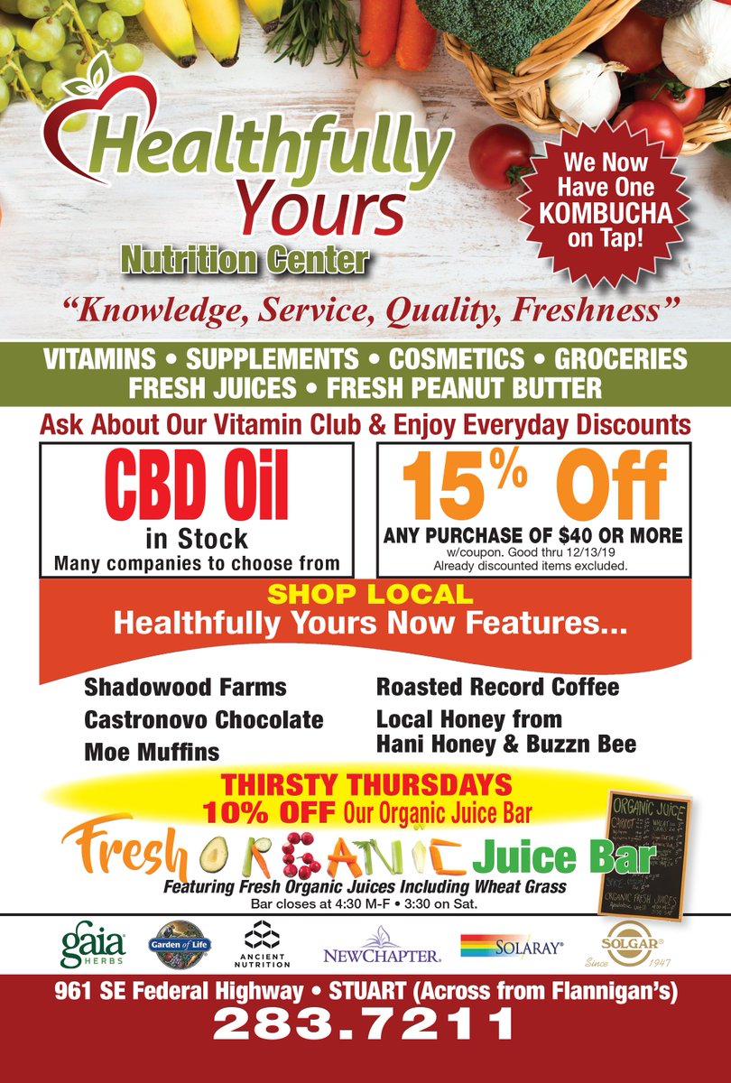 Try the fresh, organic juice bar at Healthfully Yours, and use our coupon for 15% off your purchase! 🍊🍌🍓🍏

#MyLivingMagazines #HealthfullyYours #NutritionCenter #OrganicJuiceBar #CBDOil #Groceries #LocalBusiness #ShopLocal #BuyLocal #EatLocal #Coupons #Discounts #Deals