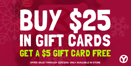 ❄️🎁Start your #holidayshopping early!🎁❄️ 
Now until December 31st, stop into your neighborhood Yabo's and get a $5 Gift Card #FREE with every $25 Gift Card purchased.