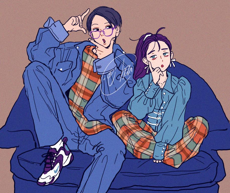 pants 1boy shoes shirt jewelry plaid pants 1girl  illustration images