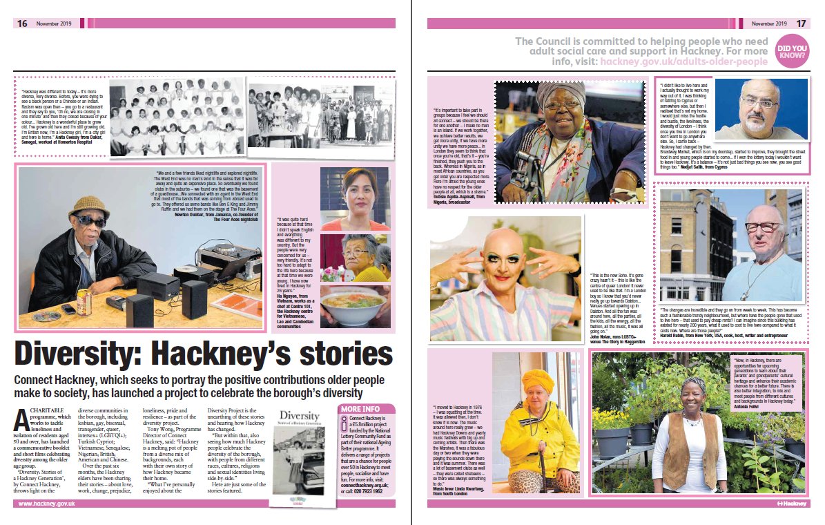 connecthackney's tweet photo. Connect Hackney's Diversity project is profiled in the Nov edition of #Hackney Life - showing positive contributions of older people and celebrating the borough’s #diversity.
#ConnectHackney See
https://t.co/jihzqkKNLw https://t.co/9c9iSMX5YA