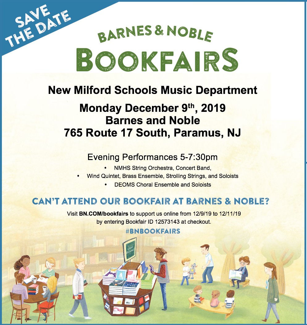 Come support our music students!! December 9th: All day - Book fair and special Frap Drinks!; 5-7:30pm - Performances by MS and HS students. #nmuknight <a href="/NMSchools_NJ/">NewMilfordSchoolsNJ</a> #BNBookFairs <a href="/BNBuzz/">Barnes & Noble</a>