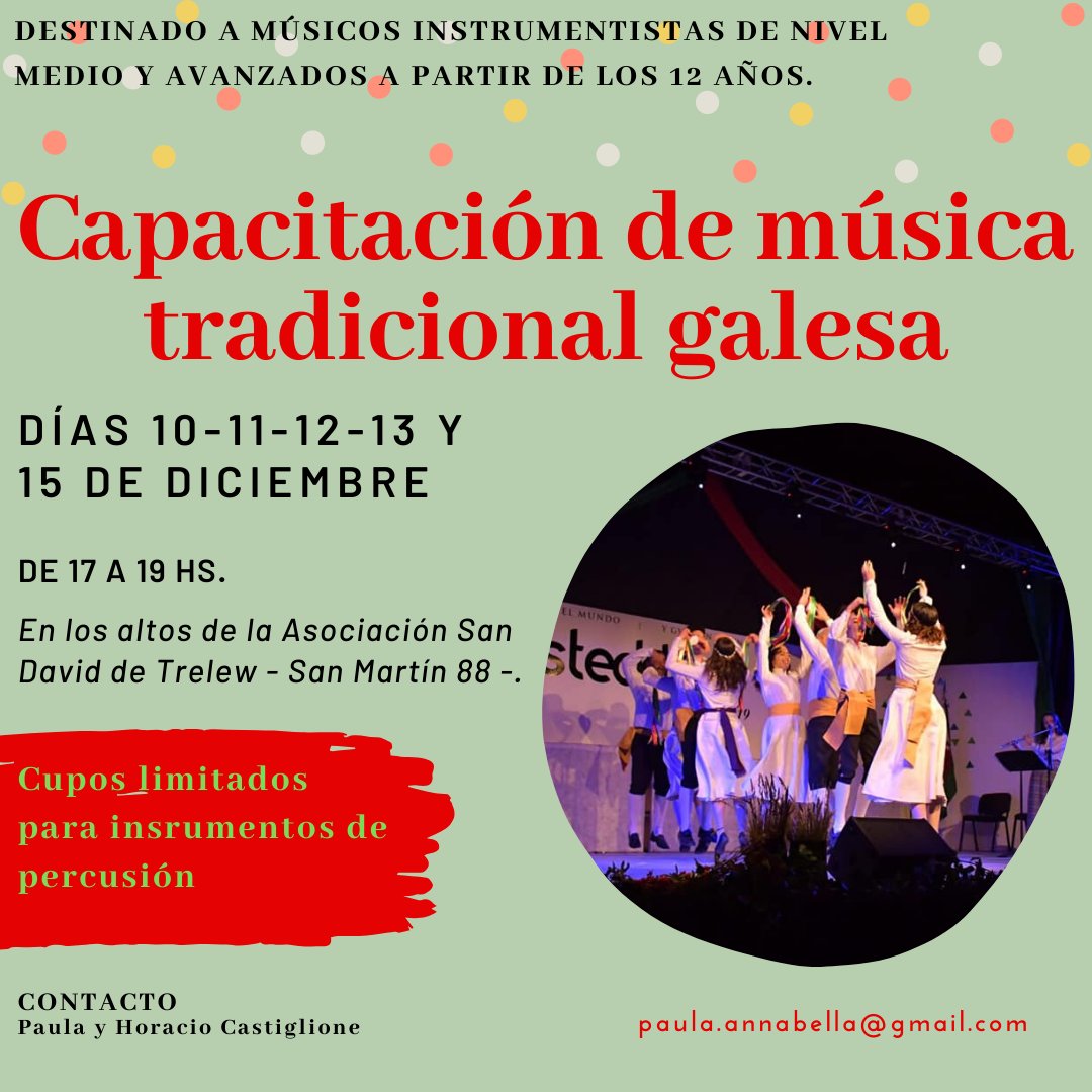 Capacitación de música tradicional galesa para músicos instrumentistas:
Esta actividad está destinada a personas mayores de 12 años que cuenten con un nivel medio a avanzado en su respectivo instrumento.
Se brindará material específico y único para éste estilo musical.