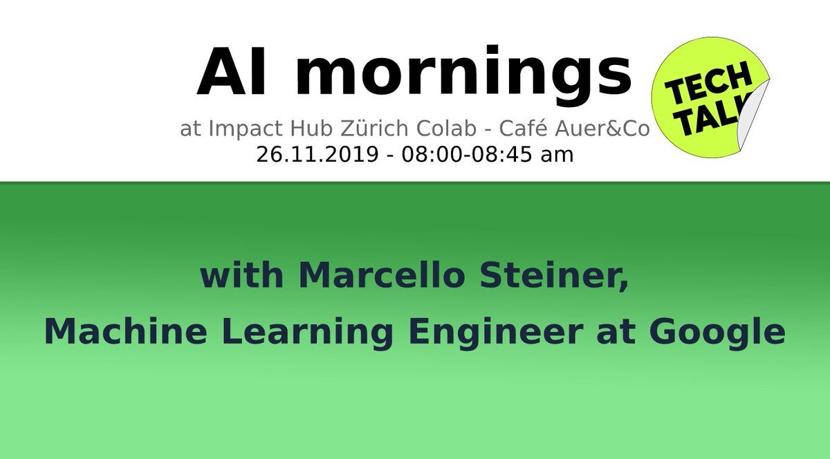 panterch's tweet photo. 💡Tomorrow we'll have our last AI mornings talk at 8am @impacthubzurich . Marcello Steiner, Machine Learning Engineer at @Google_CH , will present an interesting ML use case!
Infos and RSVP: https://t.co/Xn7rQAWAhv
#AImornings #techtalk #AI #KI #machinelearning #ML #googleML #ihz https://t.co/Ioe0WhJ3zw