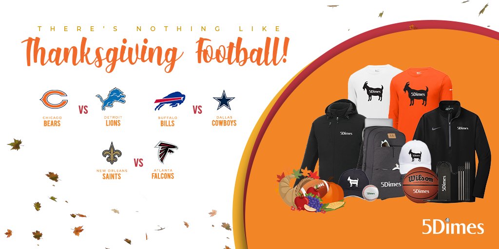 5DimesSB's tweet image. 🎁🦃TWEET &amp;amp; WIN on #Thanksgiving 

To enter:

1️⃣ RT this tweet. 
2️⃣ FOLLOW: @5DimesSB
3️⃣ REPLY with the total combined points scored in all 3 #ThanksgivingDay games. OT counts!

🥧 10 closest guesses win!

#CHIvsDET #BUFvsDAL #NOvsATL