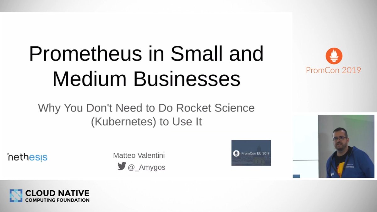 _Amygos's tweet photo. The slides of my talk "Prometheus in Small and Medium Businesses: Why You Don't Need to Do Rocket Science (Kubernetes) to Use It" that i gave at #PromCon2019 are now available from the #PromCon site.

https://t.co/TQ1k9OVyMN https://t.co/CrGJaLBPF3