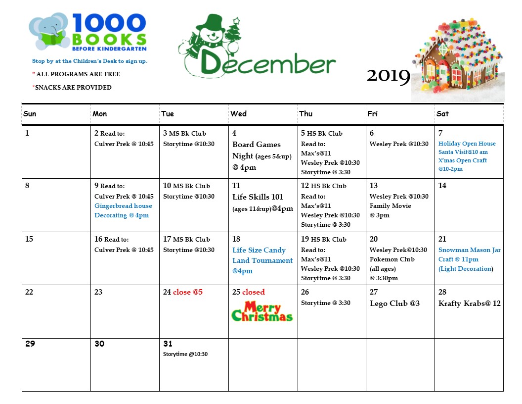 cutpl_clubhouse's tweet photo. CUTPL Teens/Children Room December Calendar!!! Mark your calendars with any special programs and events available for your kids in the month of December. If you have any questions please contact the library at 574-842-2941 or email erodgers@culver.lib.in.us https://t.co/ldpNa3iTry