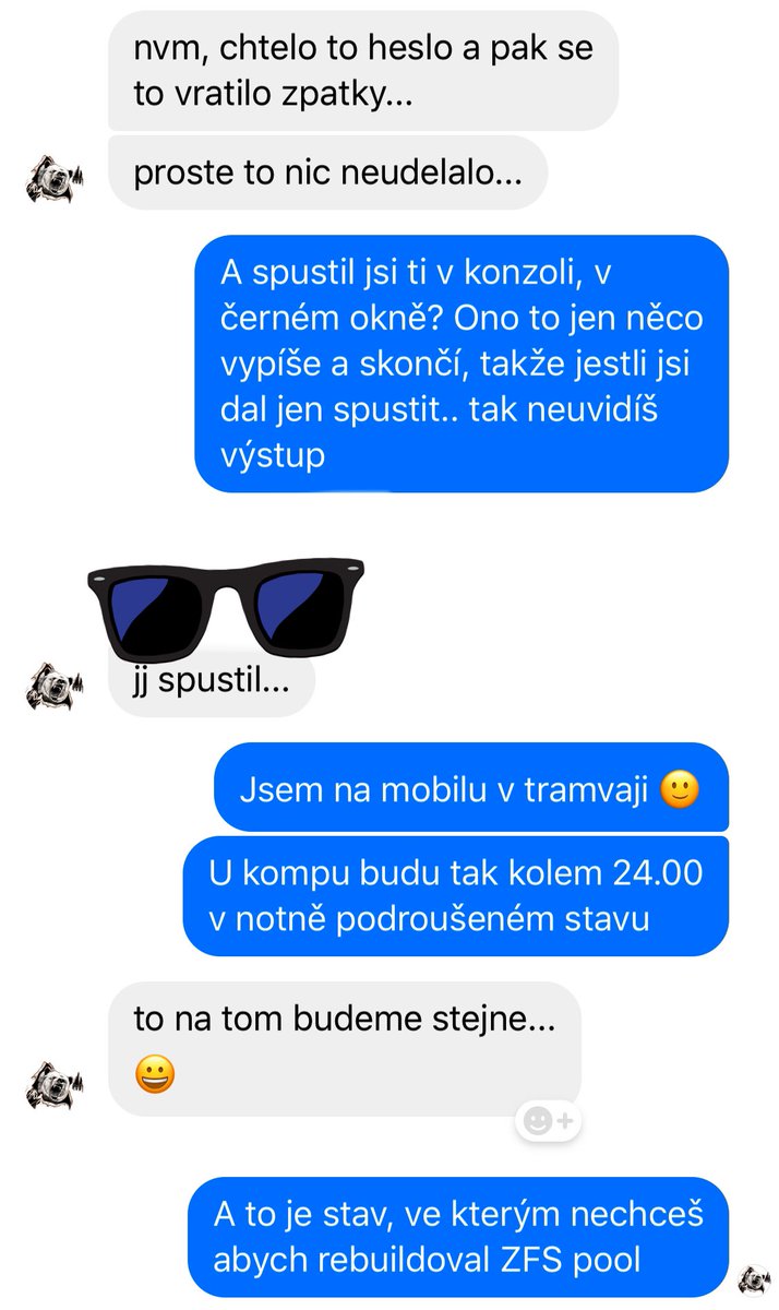 KutilDomaci's tweet image. Kamarádovi nejde po reinstalaci linuxu namountovat ZFS pool. Tak radím - zkus sudo zpool import. Poslal mi akorát login na teamviewer 😂🤷🏻♂️
#adminNaBaterky #linuxNoob