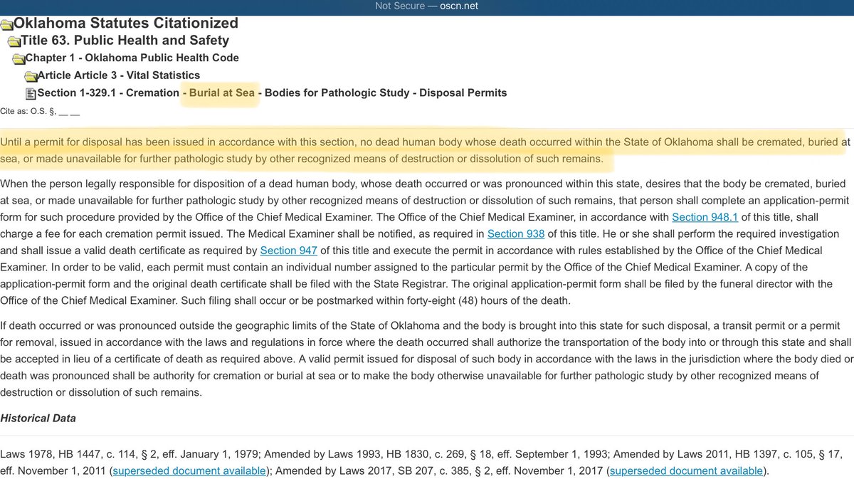 The landlocked state of Oklahoma has a statute for granting permits for burial at sea.