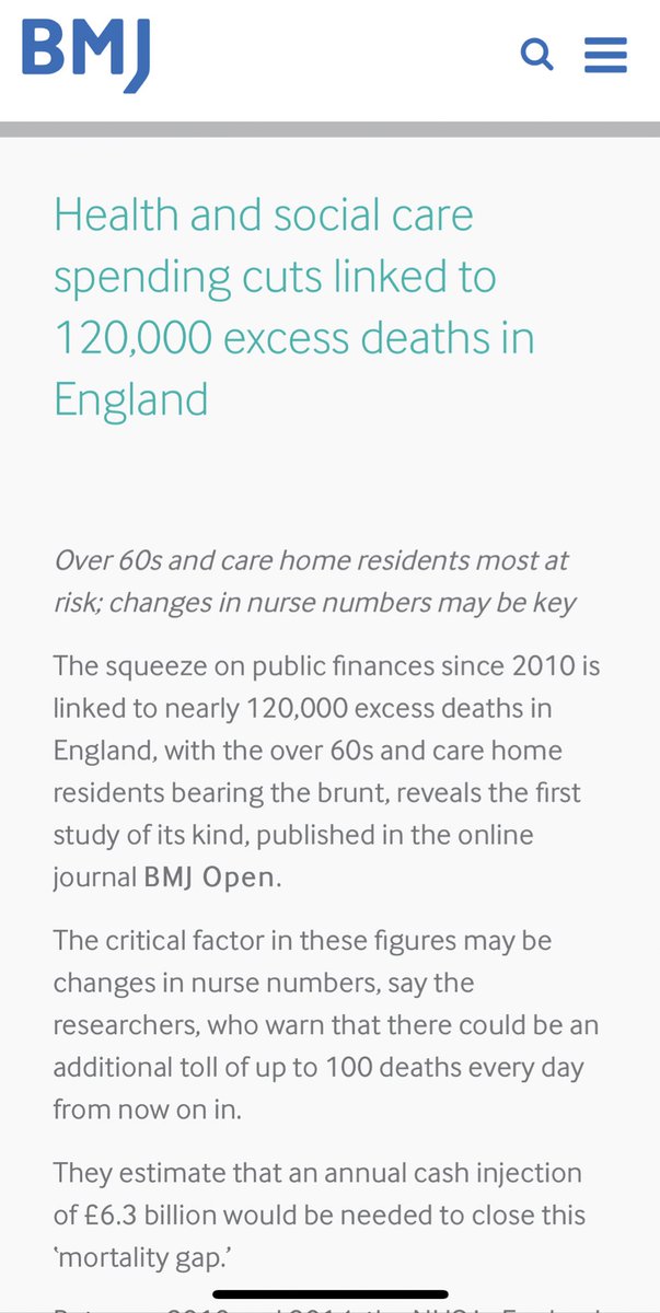 DEATH CAUSED BY CUTS: As aforementioned, the cuts in social care have lead to a rise in preventable deaths. 120,000 according to British Medical Journal. Full report here:  https://www.bmj.com/company/newsroom/health-and-social-care-spending-cuts-linked-to-120000-excess-deaths-in-england/