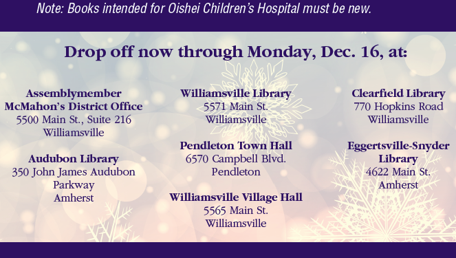 AmherstCSD's tweet photo. NYS Assemblymember Karen @McMahonforNYS holiday book drive will benefit our Tiger's Den Food Pantry and Oishei Children's Hospital. Through Dec. 16, donate new or gently used books, appropriate for preschool to teenage students, at the locations listed. #TigerThanks #gratitude https://t.co/eWqZjXaxQ4