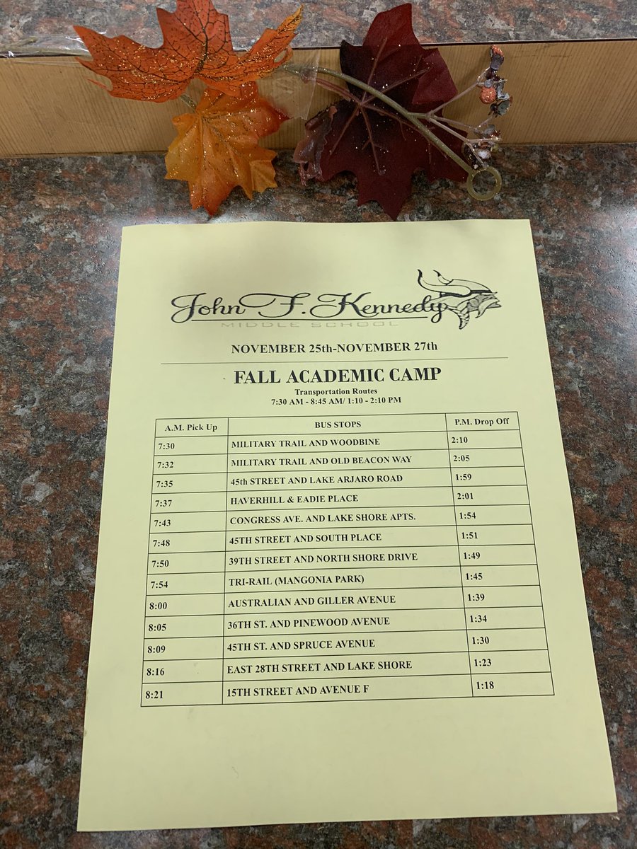 🗣JFK Fall Academic Camp is off to an absolutely SUCCESSFUL start thus far. A whopping 95 students in attendance today!!!!!!🙌🏾💪🏾🥳👏🏾👏🏾👏🏾 Our goal is 150 and we are ALMOST there! Take a look at our bus stops with pick-up &amp; drop off times! Get on the bus and we will see you soon!