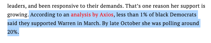 the thesis. It's the passage cited below. No poll data is cited, but an analysis by Axios which tracked only Q-Pac polls and black support (which they noted had MOE of 11-14%) and showed a rise in support to 20% by October.Problem: latest Q-Pac poll in SC has black support 5/