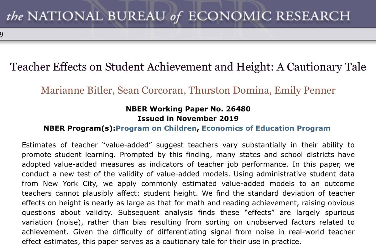  This week’s  @nberpubs includes my working paper with  @mpbitler  @ThadDomina and  @EmilyKPenner. We apply value-added models commonly used in practice to estimate teacher “effects” on student height. We find these effects are about as large as those on achievement (1/n)