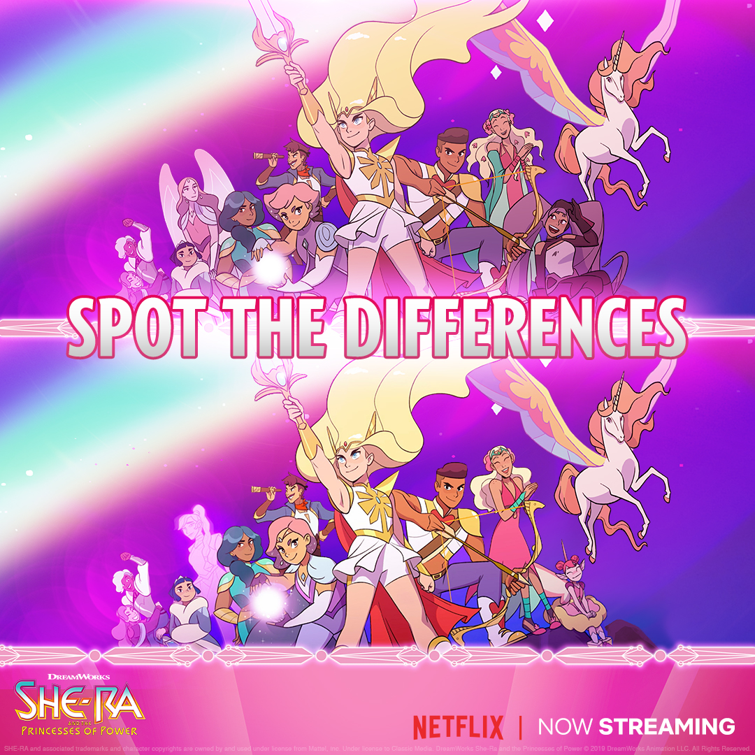 DreamWorksSheRa's tweet image. It&apos;s National Game &amp;amp; Puzzle week! We could all use a little break from war, betrayals, and vicious Beast Island monsters, right? Did you spot all 4 differences in the first #SheRa game of the week?! #GameandPuzzleWeek