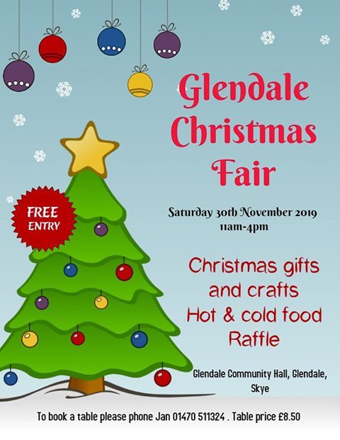 The Glendale #Christmas Fair will be held in the Glendale Community Hall on Saturday 30th November, 11am - 4pm. #christmasgifts and crafts, raffle, hot and cold food, plenty of parking.
