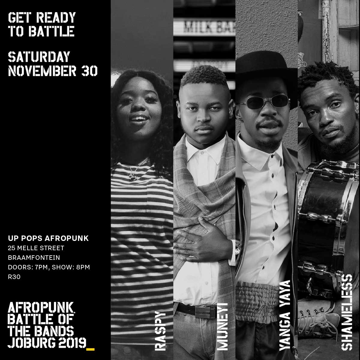 AFROPUNK Battle of the Bands Joburg is going down this Saturday, November 30th, at UP POP AFROPUNK. Tickets are just R30, grab yours today and come out to support the artist you want to see perform at #AFROPUNKJoburg.  Get tickets with the link: afropunk.com/festival/jobur…