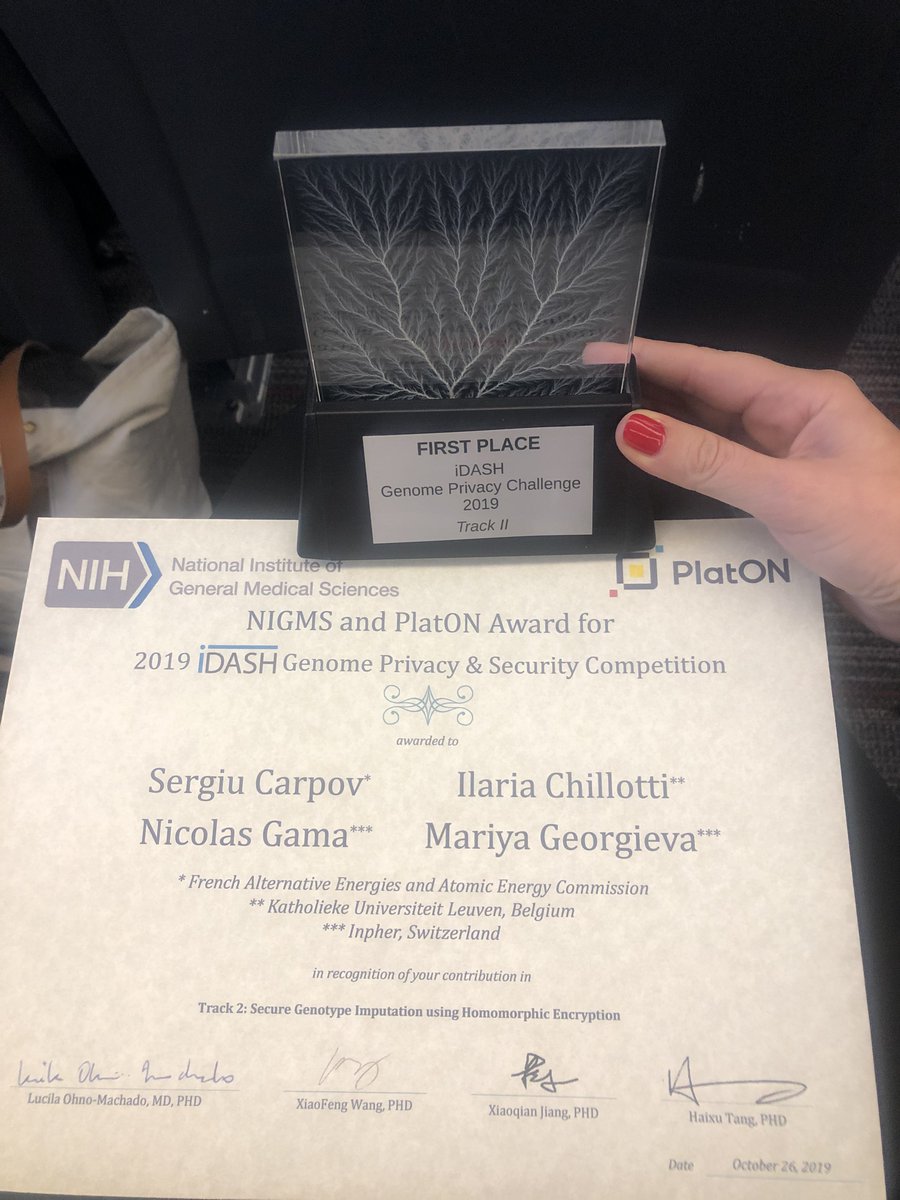 Sergiu Carpov <a href="/CEA_Officiel/">CEA</a> with colleagues from KU Leuven &amp; Inpher Sarl obtained the🥇prize on "Secure Genotype Imputation using Homomorphic Encryption" of the #IDASH Genome Privacy Challenge!
Predicted 250k genome SNPs on HE encrypted data with highest accuracy🎯,under 3 secs⏱️