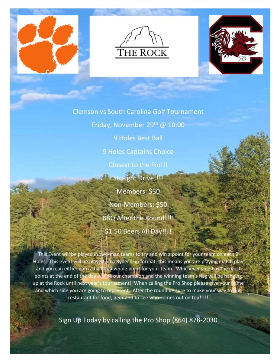 Join Us Friday, Nov 29 - 10 AM for Clemson vs S. Caroline Golf Tournament! Call to Register: (864) 878-2030
