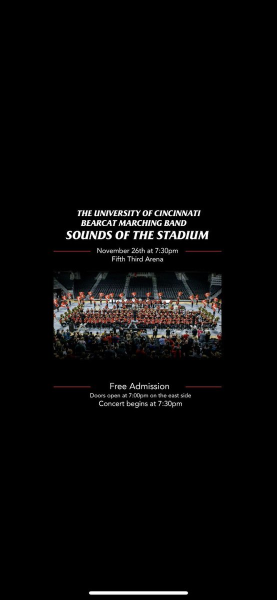 TUCBIDG's tweet photo. Experience all the music from the Bearcat Marching Band's 2019 season! From "Take On Me" to "Trooper Salute", this concert is sure to be exciting! Join us tomorrow, Nov. 26th, in 5/3 Arena. Doors open at 7 by the Oscar statue and music starts at 7:30! @UCMainStreet https://t.co/9XkYpHt7OX