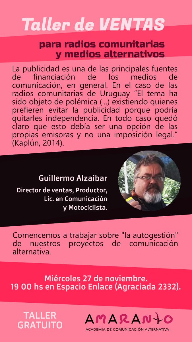 amarantouy's tweet photo. Este miércoles tenemos un nuevo taller abierto y grauito: esta vez de #ventas orientado para medios de comunicación alternativos, a cargo de Guillermo Alzaibar, profesional de ventas con experiencia en varios medios de comunicación tradicionales. https://t.co/Oh5tNozEIm