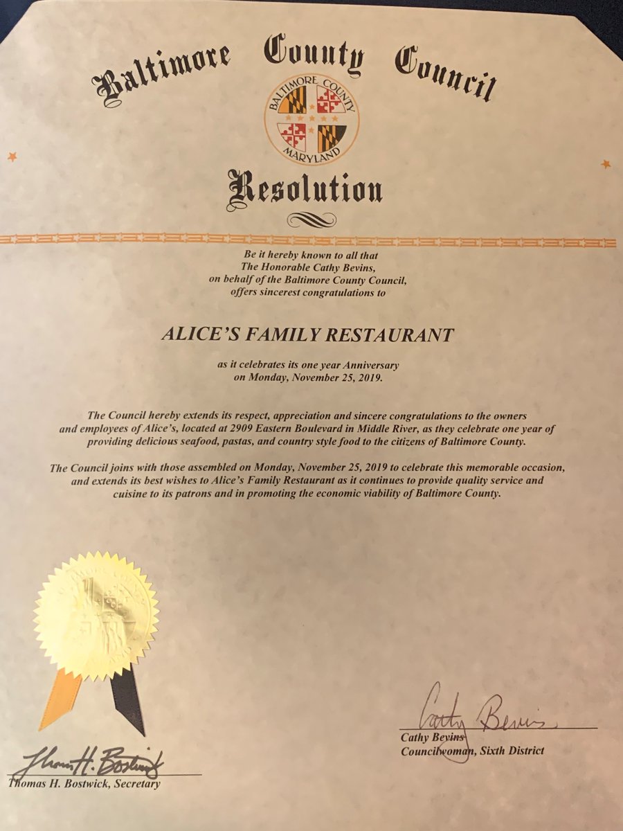 Today, along with the Chesapeake Gateway Chamber of Commerce, we celebrated the one year anniversary of Alice's - a family restaurant. They are a multi-cuisine, family owned, and operated restaurant with outstanding food, and a great atmosphere. Stop by, and show your support !