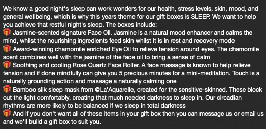 Looking for some sleep-themed gift ideas? We are giving customers the option to take one of our ready made boxes, specially curated to help with sleep OR to personalise it with products they want in it 👇🏽👇🏽
 #ethicalgifts  #skinnutrition #consciousbeauty #prrequest #journorequest