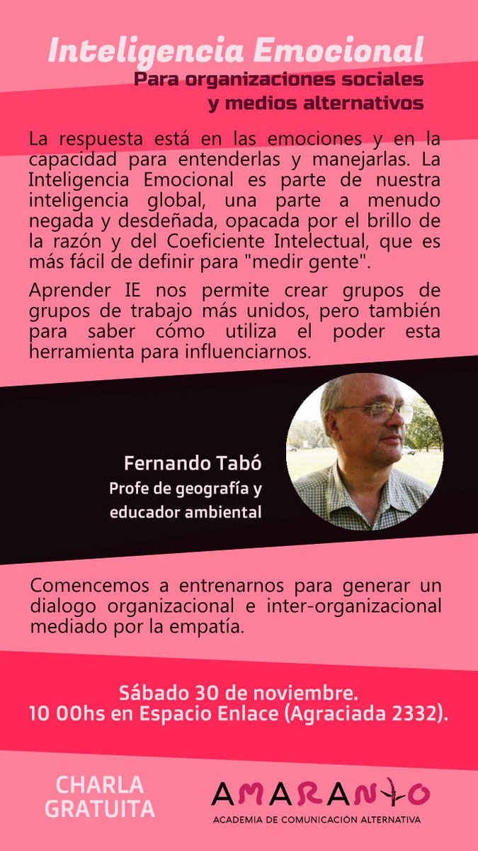amarantouy's tweet photo. Este sábado 30 a las 10hs realizamos un taller de Inteligencia emocional a cargo del profe de geografía y educador ambiental Fernando Tabó, en el marco de nuestros talleres abiertos de fin de año. https://t.co/yPeFD9Dz6G