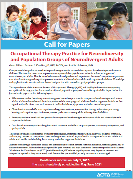 BarbaraKornblau's tweet photo. Looking for research papers for #AJOT on #OccupationalTherapy #Neurodiversity &amp; #NeurodivergentAdults #NeurodiverseSquad .@AOTAInc
.@AJOT Click on image below to see call for papers info https://t.co/DrYy9kUqgH