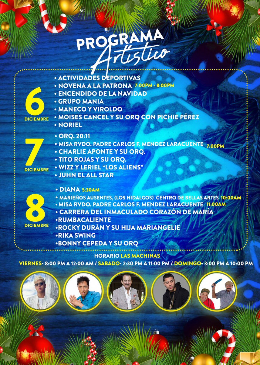 EdwinAlcaldeLM's tweet photo. Programa Artístico de las Fiestas Patronales en honor al Inmaculado Corazón de Maria. Desde el 6 al 8 de diciembre de 2019. Plaza Pública de Las Marias. (Machinas para niños GRATIS) https://t.co/tU5hdF8Am2