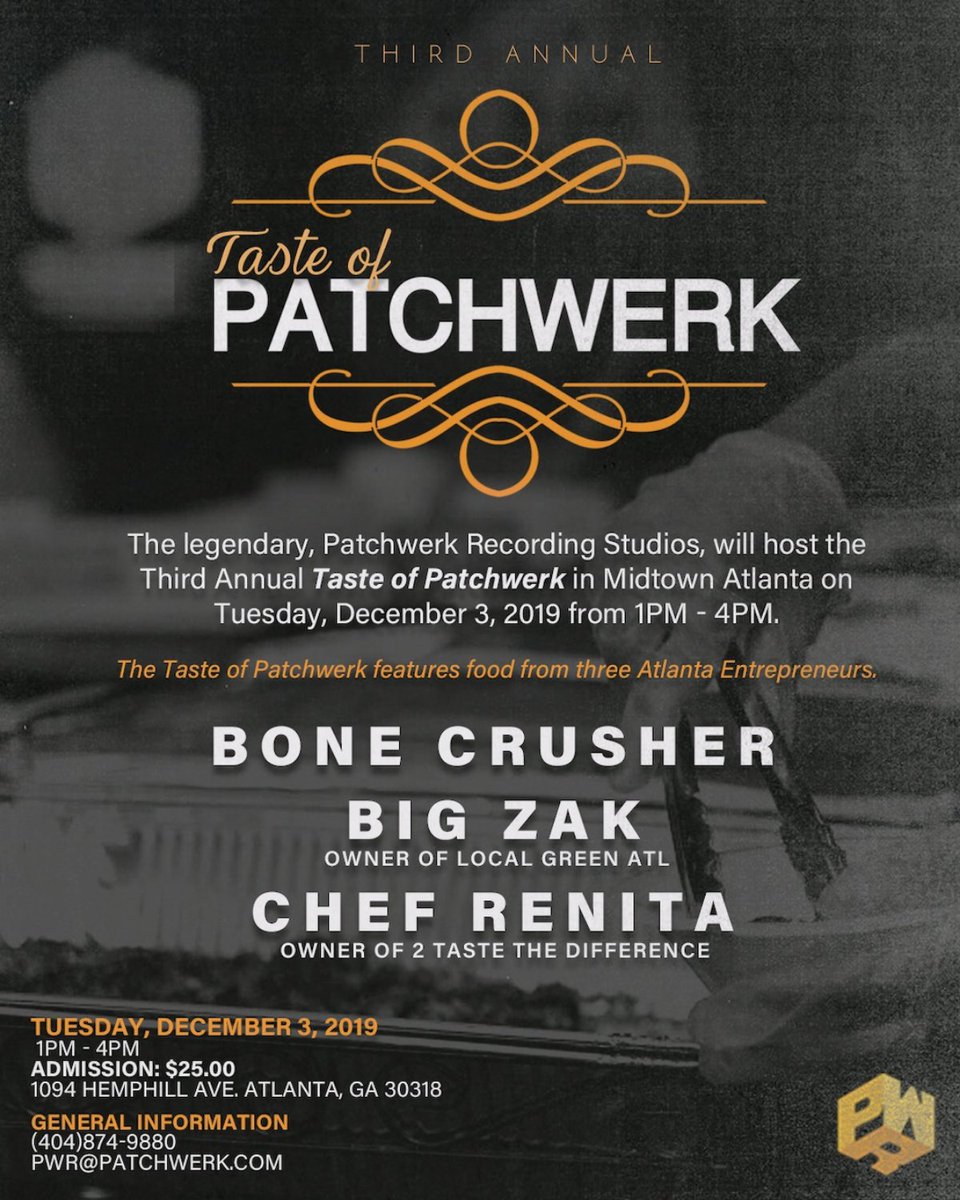 PatchwerkStudio's tweet image. There are only 8 DAYS left before the 3rd Annual Taste of Patchwerk ⚡at the one and only #PatchwerkRecordingStudios featuring dishes from @therealbonecrusher @2tastethedifference and @localgreenatl @bigzak_localgreenatlanta 🔥🔥🔥. Get your tickets NOW: eventbrite.com/e/patchwerk-pr…