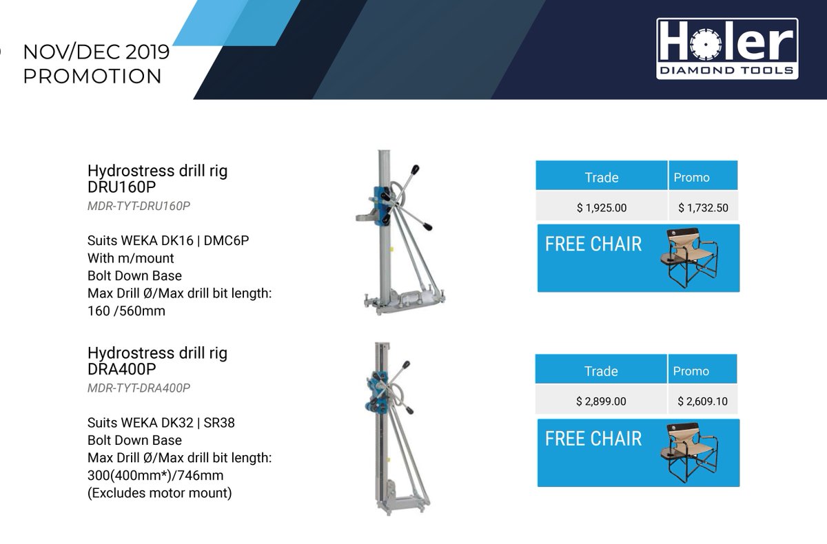 HolerDiamond's tweet photo. HOLER PROMOTION | NOVEMBER | DECEMBER 
Sale on Holer Drills &amp; accessories:
•Hydrostress Drill Rigs
•Holer DMC6P Drill Motor
•Weka DK16 Drill Motor
•Weka SR38 Mammut Drill Motor

These tools and more can be found at https://t.co/zEgnTAGUIt https://t.co/qdht73P73O
