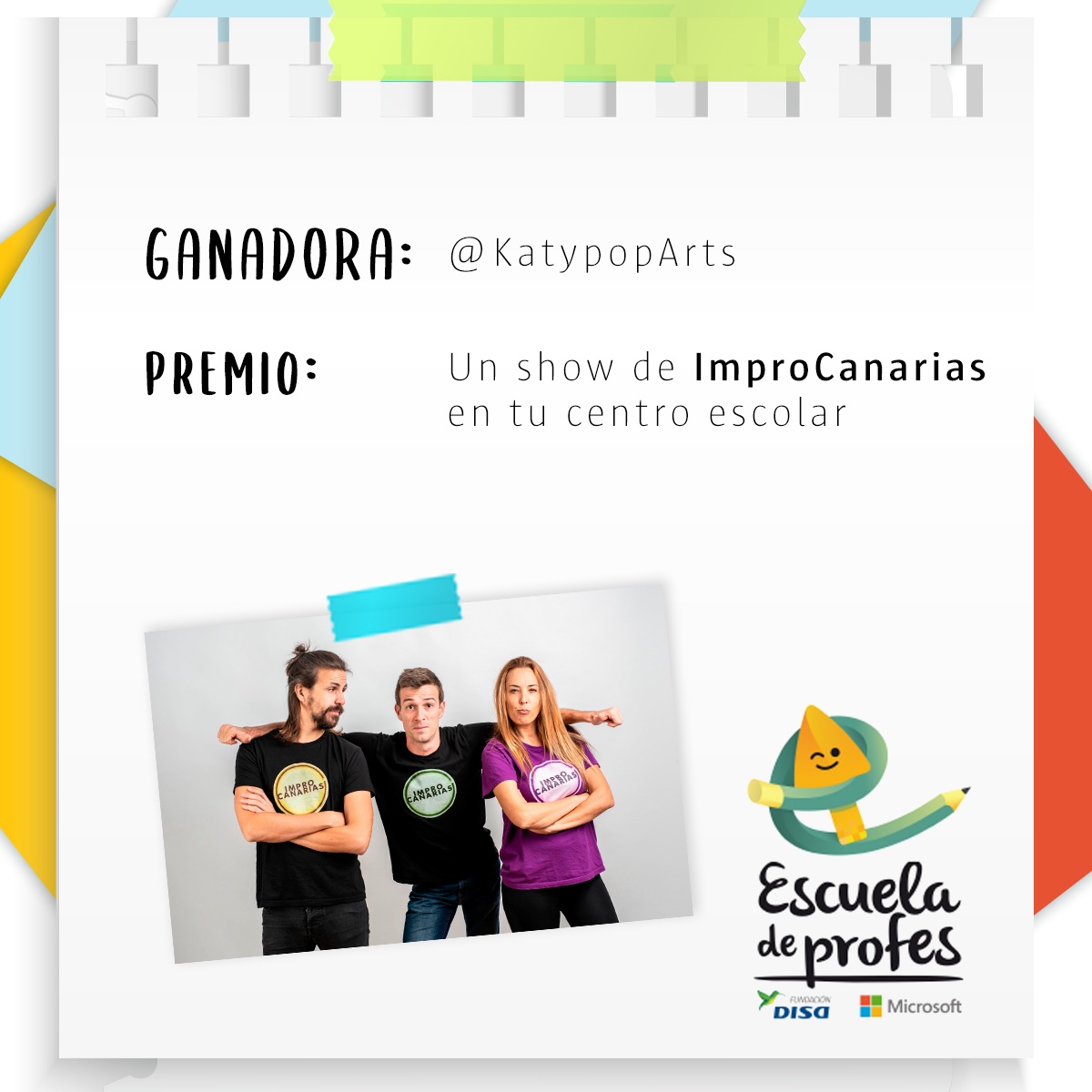 FundacionDISA's tweet photo. Sabemos que estabas esperando el resultado del sorteo de #EscuelaDeProfesCanarias, y es que poder disfrutar junto con tus alumnos y alumnas de #ImproCanarias en tu centro escolar, es algo único😏✌🏼
Ya tenemos GANADORA y la afortunada es... 🥁
@KatypopArts vía #Twitter.👏🏼🎉 https://t.co/xb2SaDR60s
